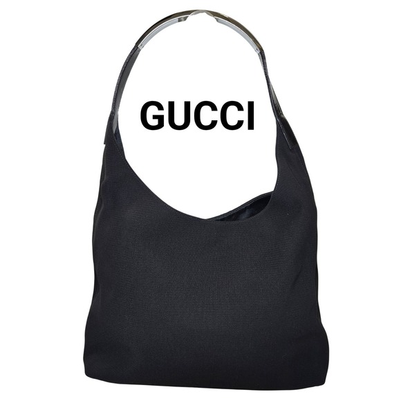 Gucci Handbags - Gucci Black Canvas Hobo Bag Metal Handle Patent Leather Trim